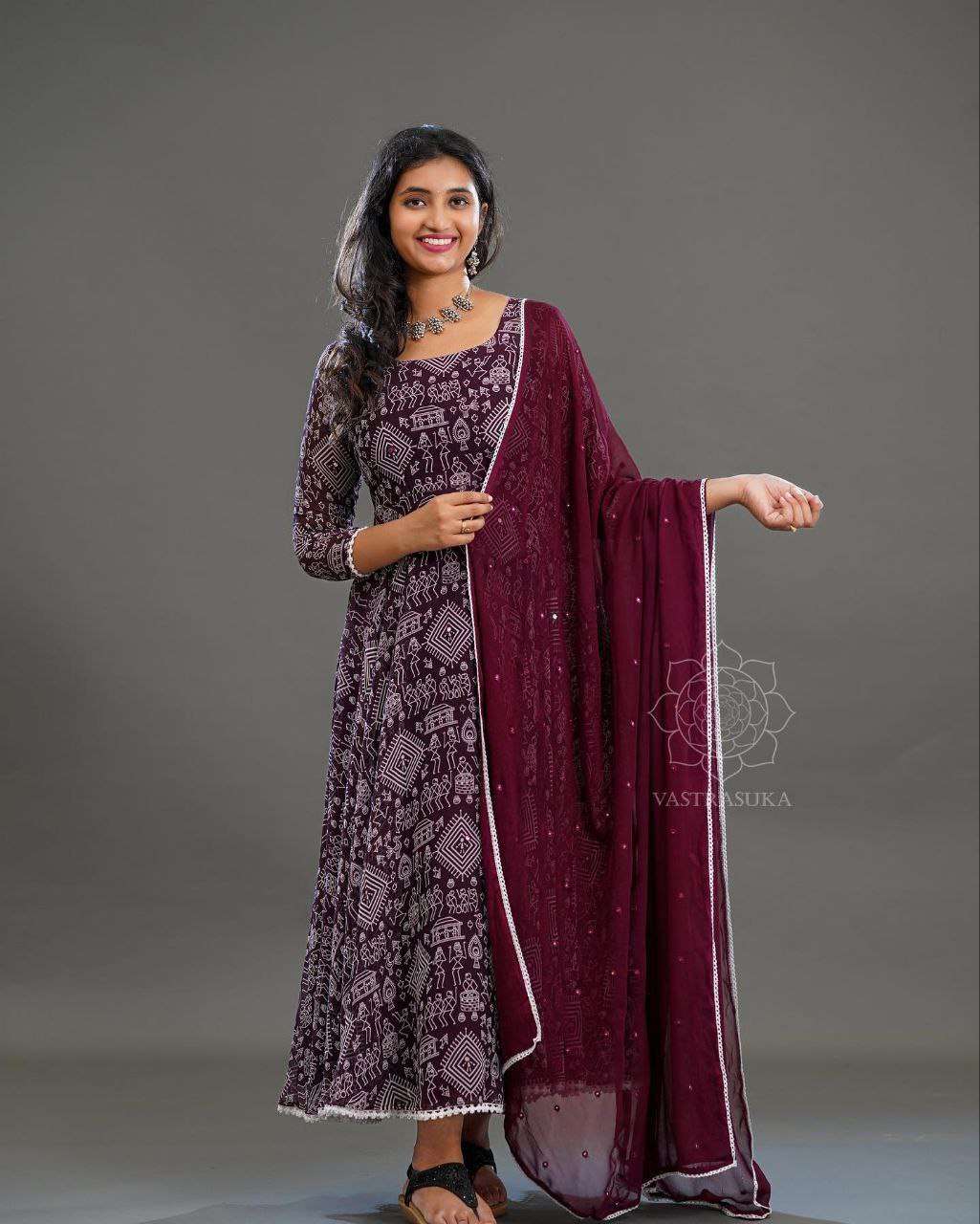 Fox Georgette KURTI with Beautiful Printed  Gown paired with 9mm  Sequence DUPATTA