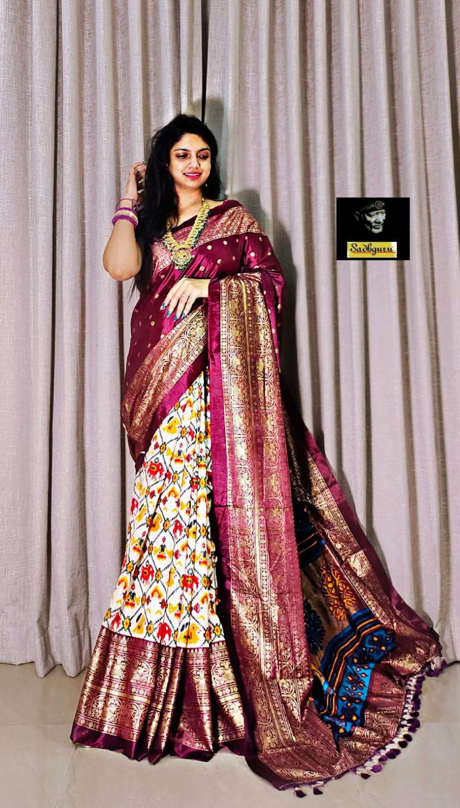 New Soft Pure Dola Silk Kalamkari And Digital Print Saree With Gold Zari Foil Border